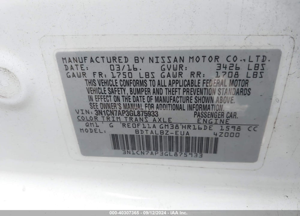 2016 NISSAN VERSA 1.6 S/1.6 S+/1.6 SL/1.6 SV VIN: 3N1CN7AP3GL875933