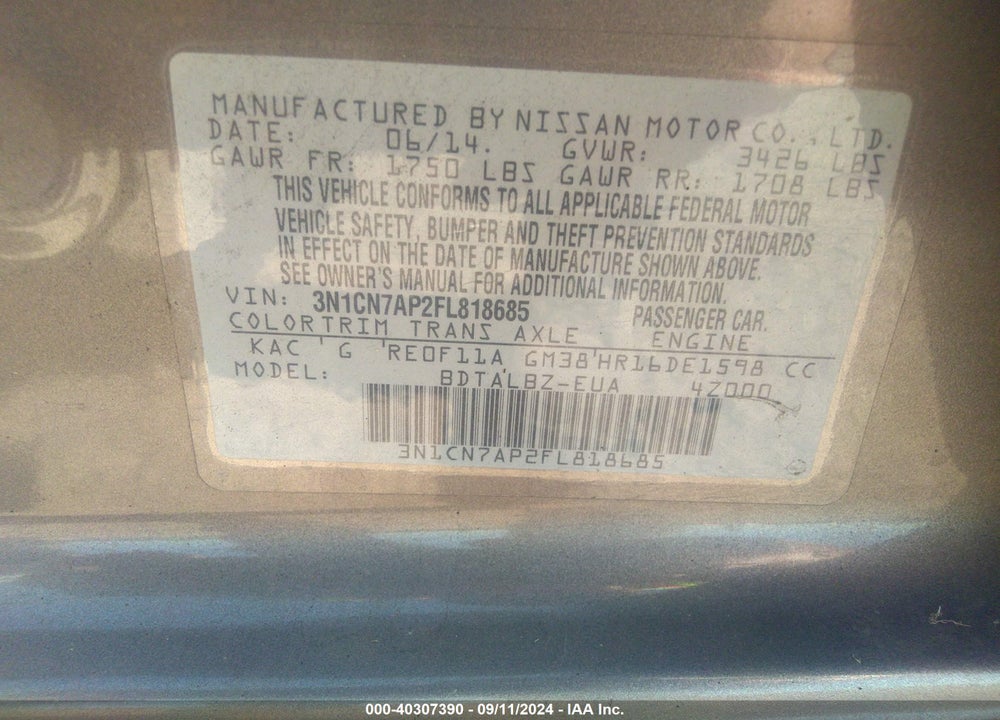 2015 NISSAN VERSA 1.6 SV VIN: 3N1CN7AP2FL818685