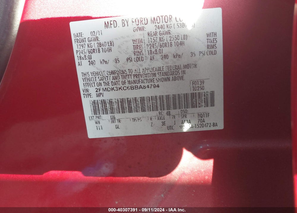 2011 FORD EDGE LIMITED VIN: 2FMDK3KC6BBA84794