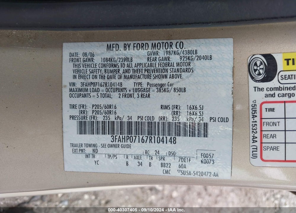 2007 FORD FUSION SE VIN: 3FAHP07167R104148