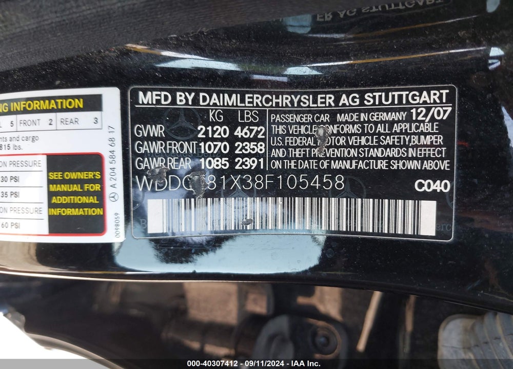 2008 MERCEDES-BENZ C 300 LUXURY 4MATIC/SPORT 4MATIC VIN: WDDGF81X38F105458