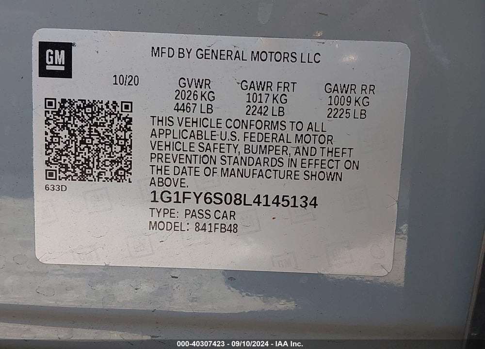 2020 CHEVROLET BOLT EV FWD LT VIN: 1G1FY6S08L4145134