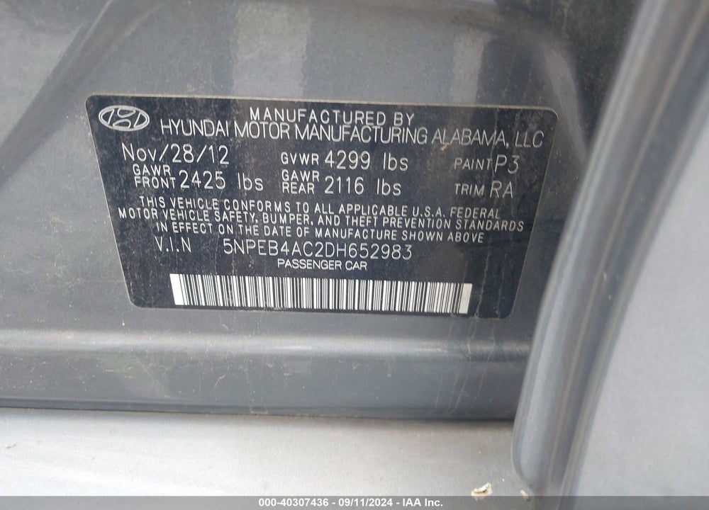 2013 HYUNDAI SONATA GLS VIN: 5NPEB4AC2DH652983