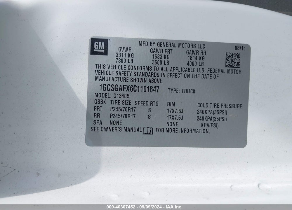 2012 CHEVROLET EXPRESS 1500 WORK VAN VIN: 1GCSGAFX6C1101847