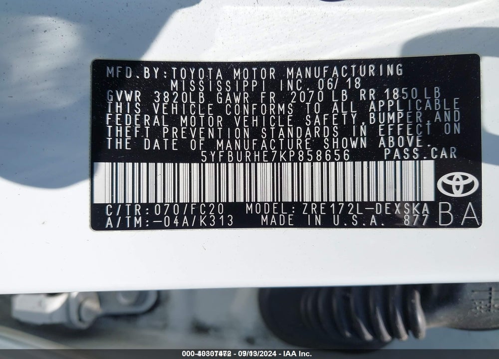 2019 TOYOTA COROLLA VIN: 5YFBURHE7KP858656
