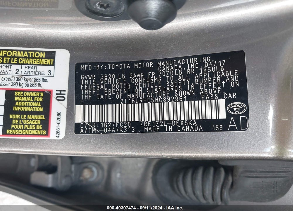 2017 TOYOTA COROLLA SE VIN: 2T1BURHE5HC892961