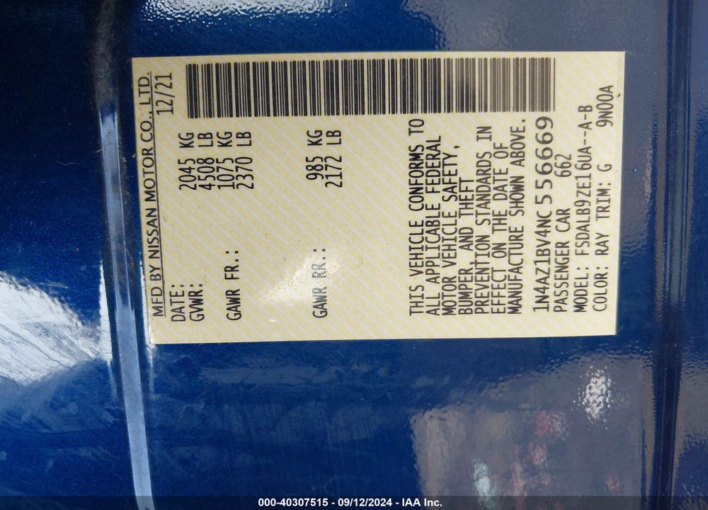 2022 NISSAN LEAF S 40 KWH VIN: 1N4AZ1BV4NC556669
