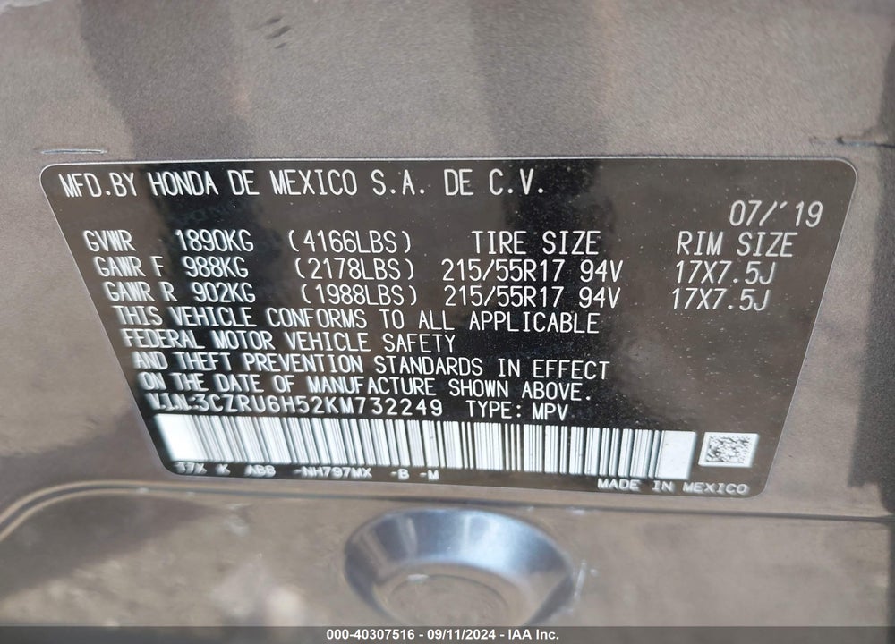 2019 HONDA HR-V EX VIN: 3CZRU6H52KM732249