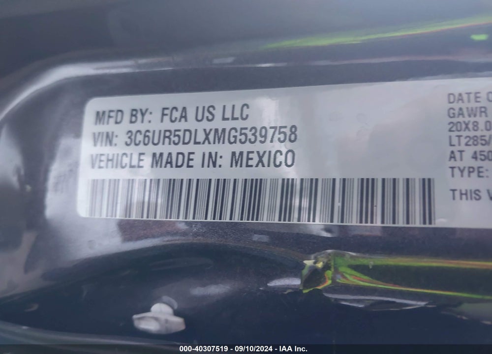 2021 RAM 2500 BIG HORN 4X4 6'4 BOX VIN: 3C6UR5DLXMG539758
