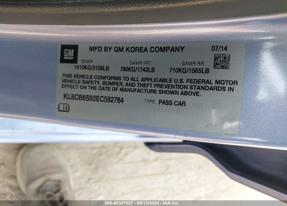 2014 CHEVROLET SPARK LS AUTO VIN: KL8CB6S92EC592764
