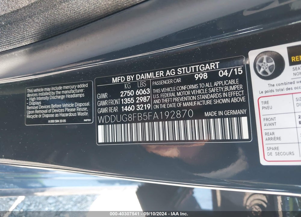 2015 MERCEDES-BENZ S 550 4MATIC VIN: WDDUG8FB5FA192870
