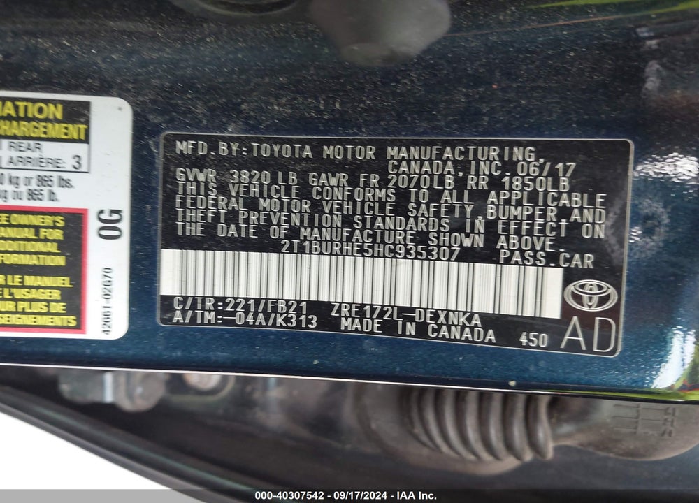 2017 TOYOTA COROLLA LE VIN: 2T1BURHE5HC935307