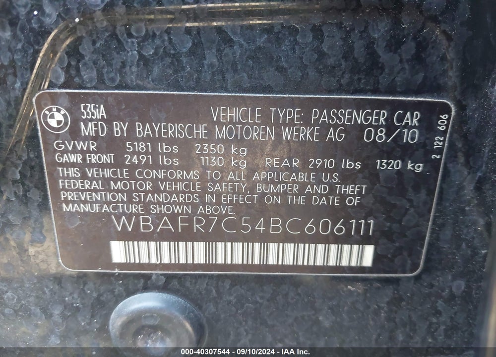 2011 BMW 535I VIN: WBAFR7C54BC606111