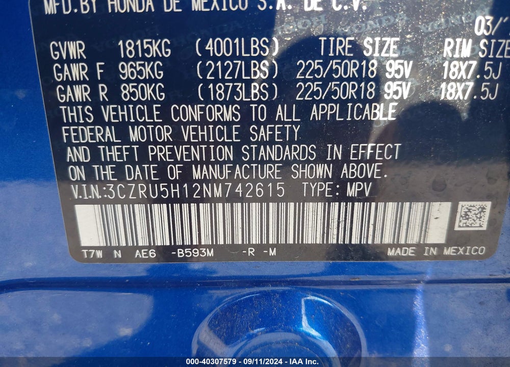 2022 HONDA HR-V 2WD SPORT VIN: 3CZRU5H12NM742615