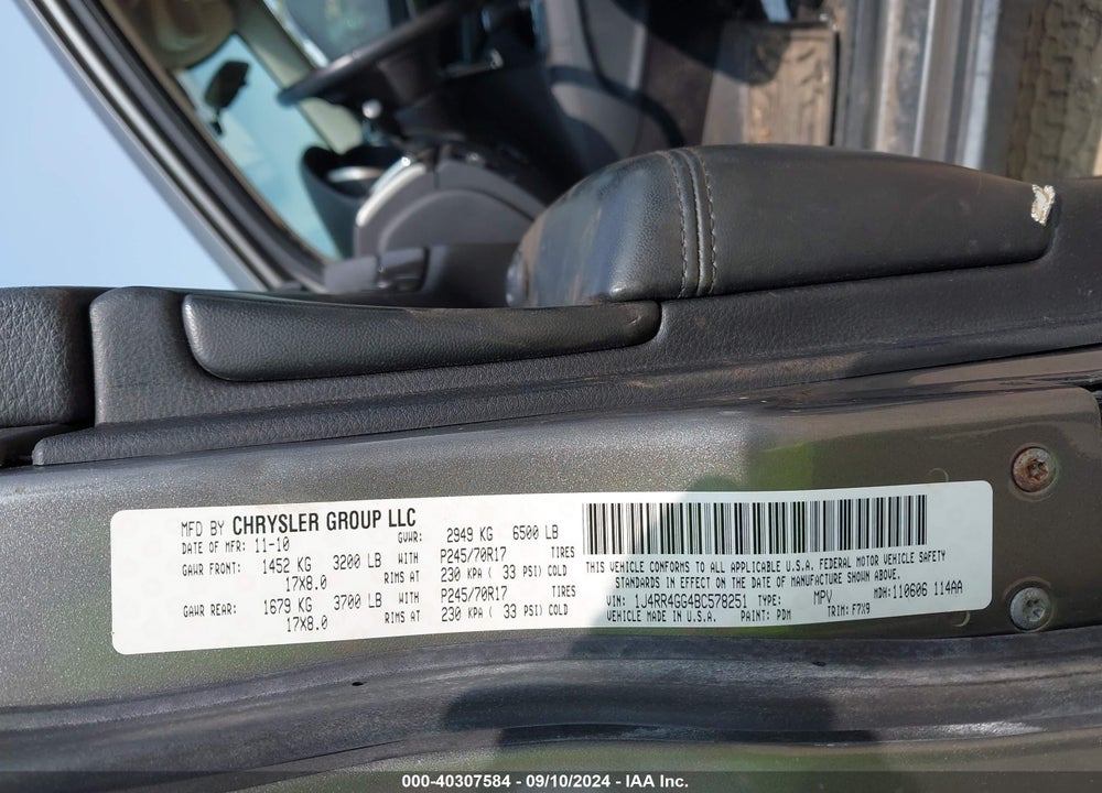 2011 JEEP GRAND CHEROKEE VIN: 1J4RR4GG4BC578251