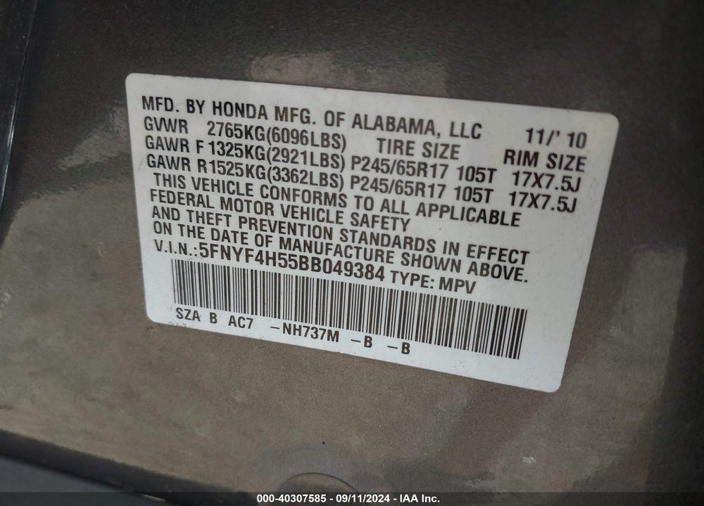 2011 HONDA PILOT EX-L VIN: 5FNYF4H55BB049384