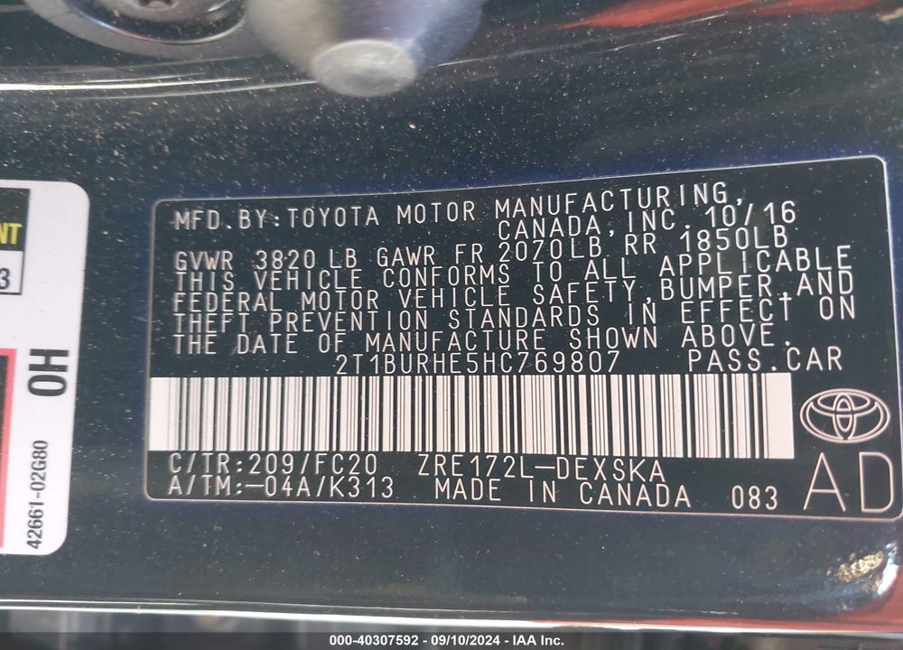 2017 TOYOTA COROLLA SE VIN: 2T1BURHE5HC769807