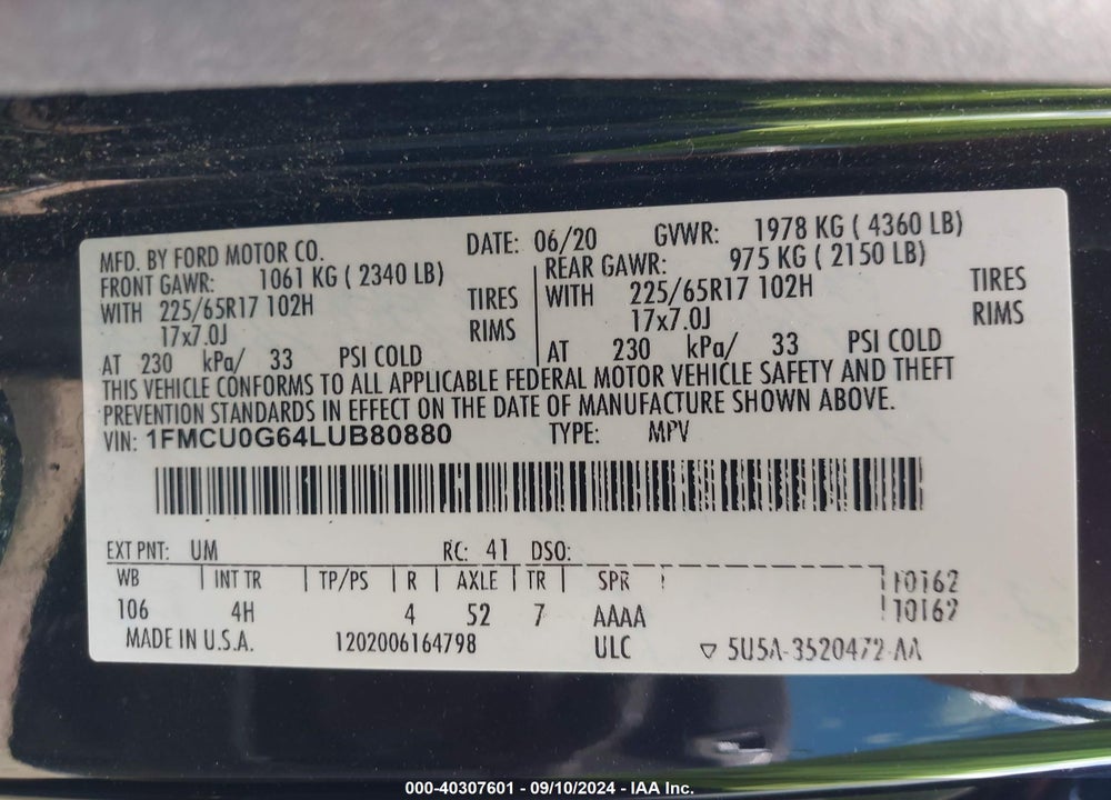 2020 FORD ESCAPE SE VIN: 1FMCU0G64LUB80880