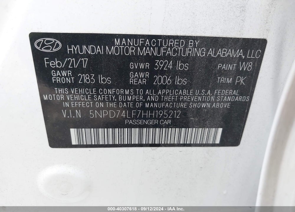 2017 HYUNDAI ELANTRA SE VIN: 5NPD74LF7HH195212