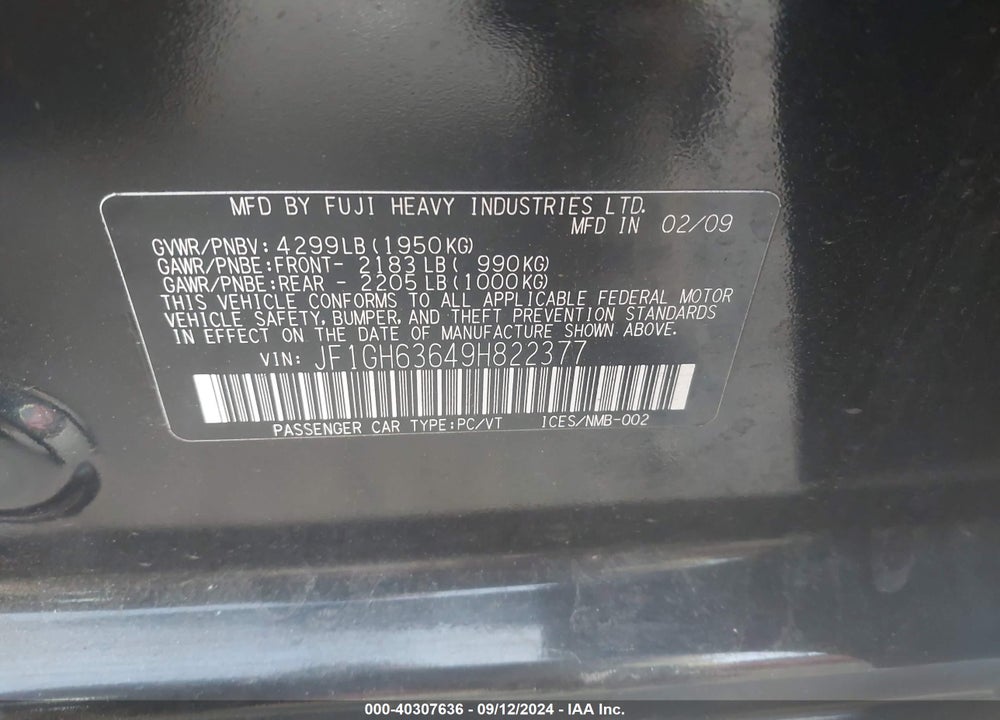 2009 SUBARU IMPREZA OUTBACK SPORT VIN: JF1GH63649H822377