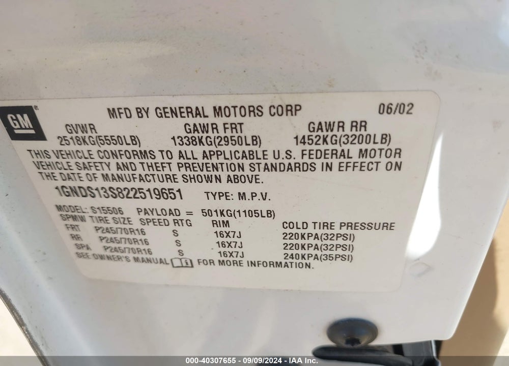 2002 CHEVROLET TRAILBLAZER LS VIN: 1GNDS13S822519651