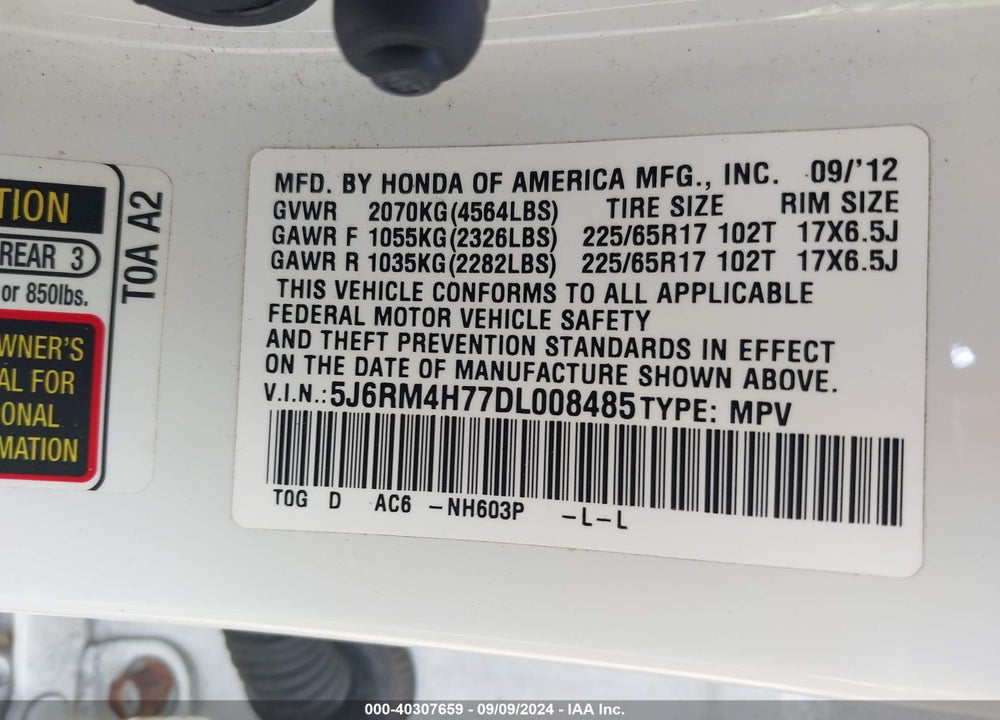 2013 HONDA CR-V EX-L VIN: 5J6RM4H77DL008485