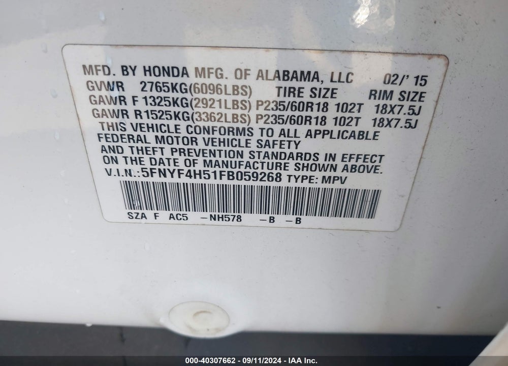 2015 HONDA PILOT EX-L VIN: 5FNYF4H51FB059268