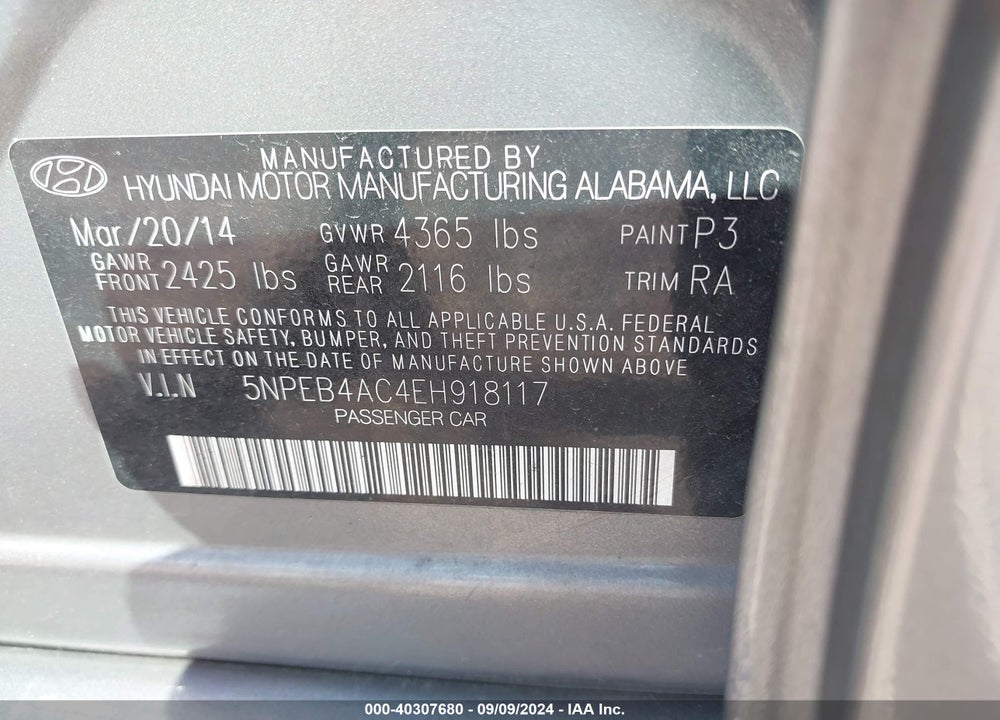 2014 HYUNDAI SONATA GLS VIN: 5NPEB4AC4EH918117