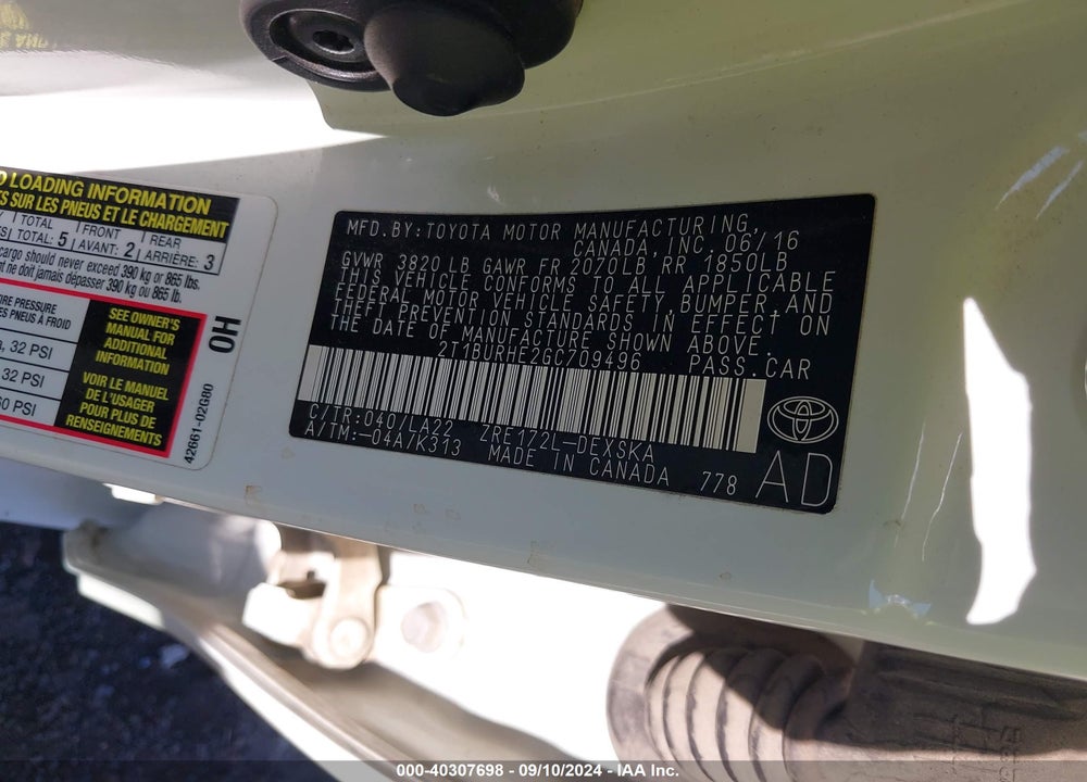 2016 TOYOTA COROLLA S PREMIUM VIN: 2T1BURHE2GC709496