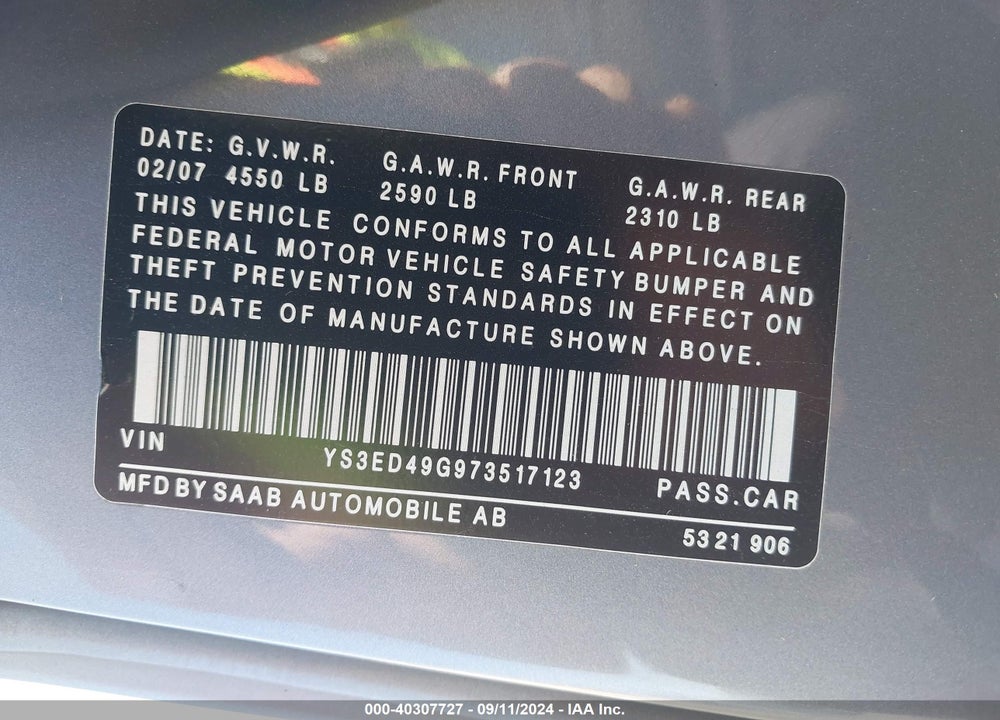 2007 SAAB 9-5 2.3T VIN: YS3ED49G973517123