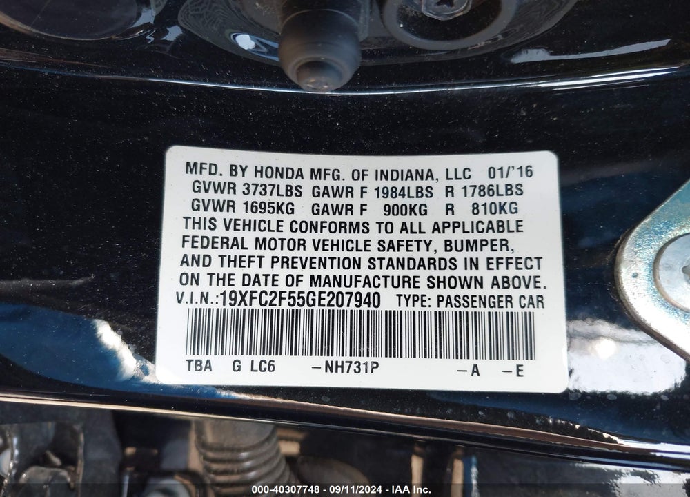 2016 HONDA CIVIC LX VIN: 19XFC2F55GE207940