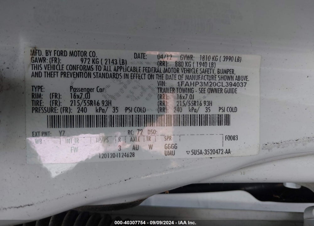 2012 FORD FOCUS SEL VIN: 1FAHP3M20CL394037