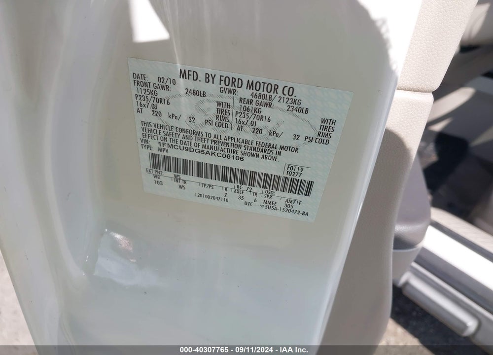 2010 FORD ESCAPE XLT VIN: 1FMCU9DG5AKC06106