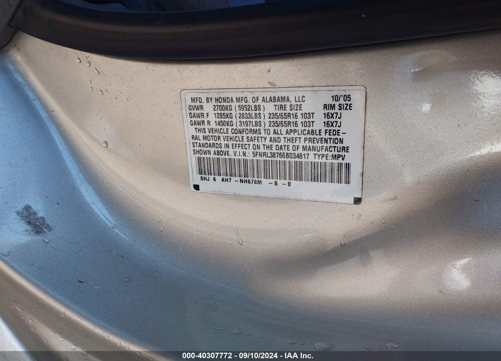 2006 HONDA ODYSSEY EX-L VIN: 5FNRL38766B034617