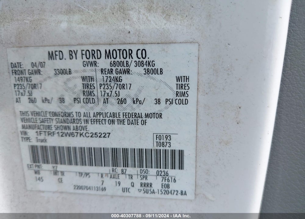 2007 FORD F-150 STX/XL/XLT VIN: 1FTRF12W67KC25227