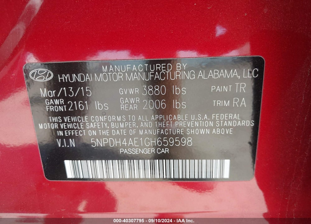 2016 HYUNDAI ELANTRA SE VIN: 5NPDH4AE1GH659598