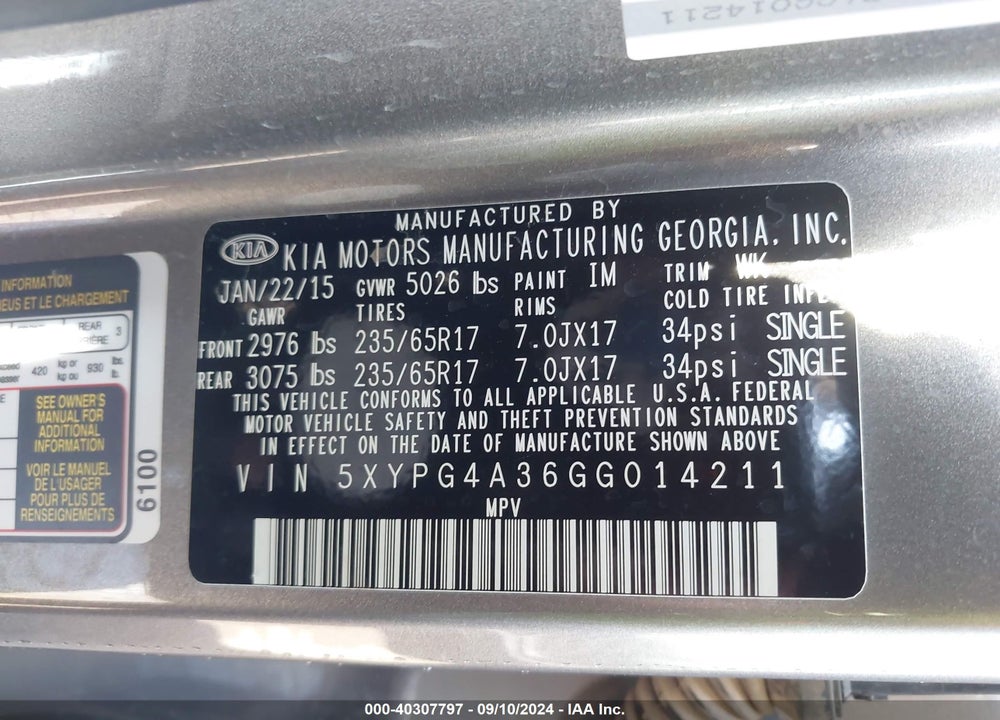 2016 KIA SORENTO 2.4L LX VIN: 5XYPG4A36GG014211