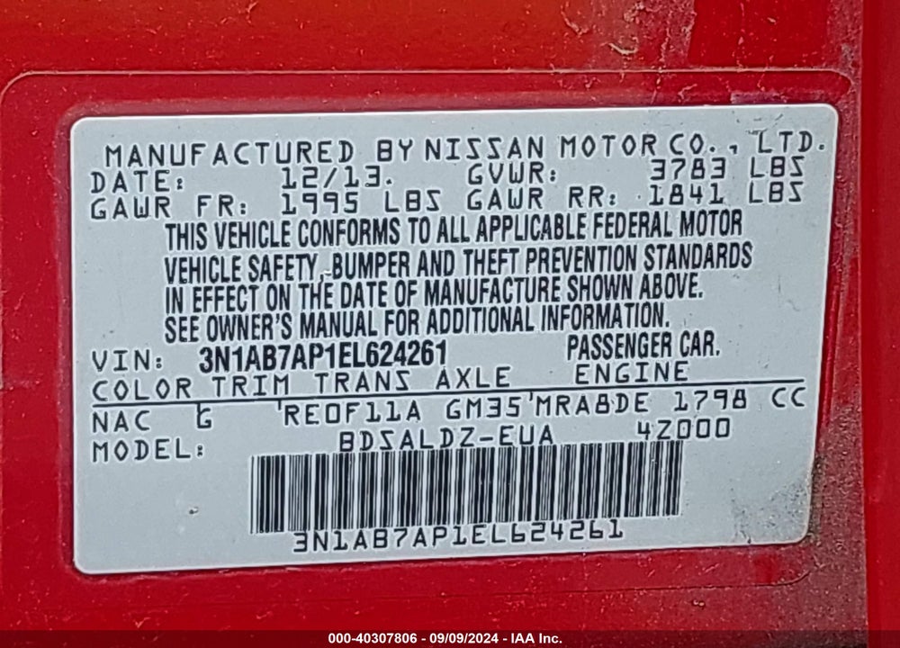 2014 NISSAN SENTRA SV VIN: 3N1AB7AP1EL624261
