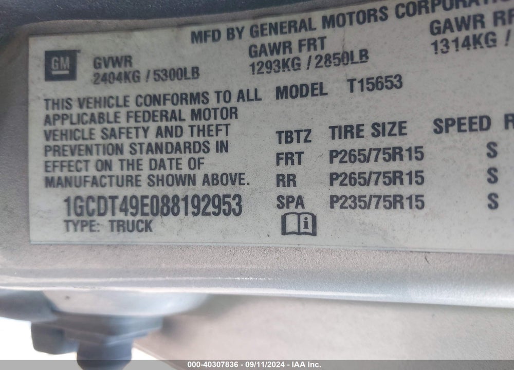 2008 CHEVROLET COLORADO LT VIN: 1GCDT49E088192953