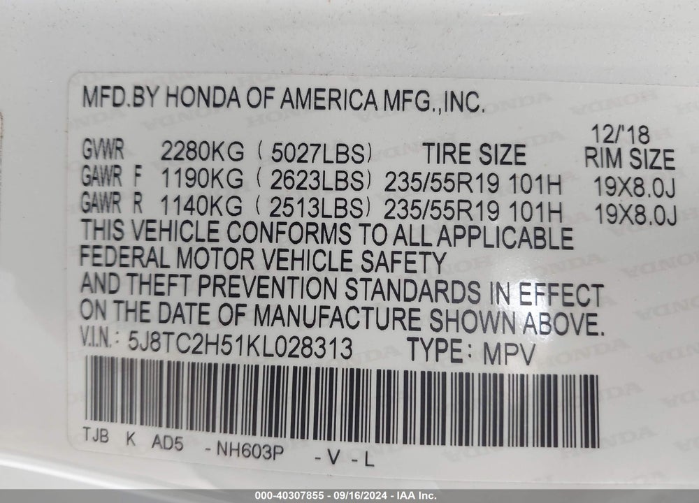 2019 ACURA RDX TECHNOLOGY PACKAGE VIN: 5J8TC2H51KL028313