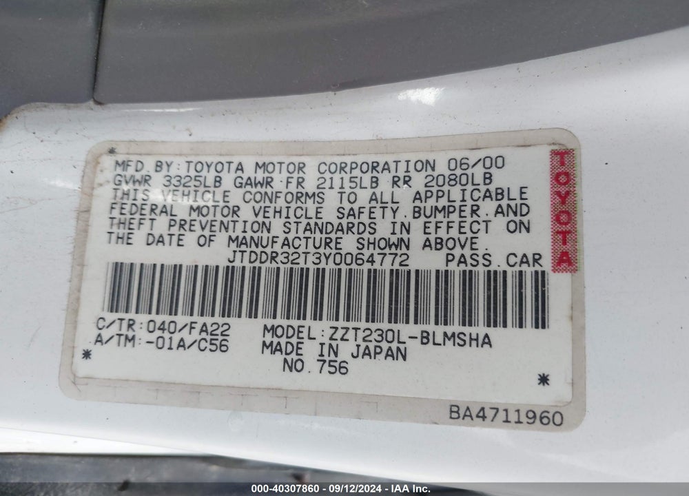 2000 TOYOTA CELICA GT VIN: JTDDR32T3Y0064772