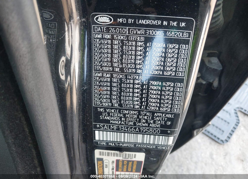 2006 LAND ROVER RANGE ROVER SUPERCHARGED VIN: SALMF13466A195800