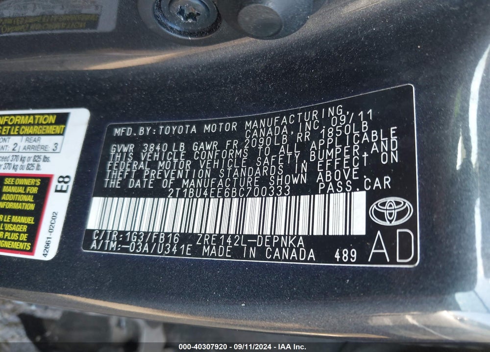 2011 TOYOTA COROLLA LE VIN: 2T1BU4EE6BC700333