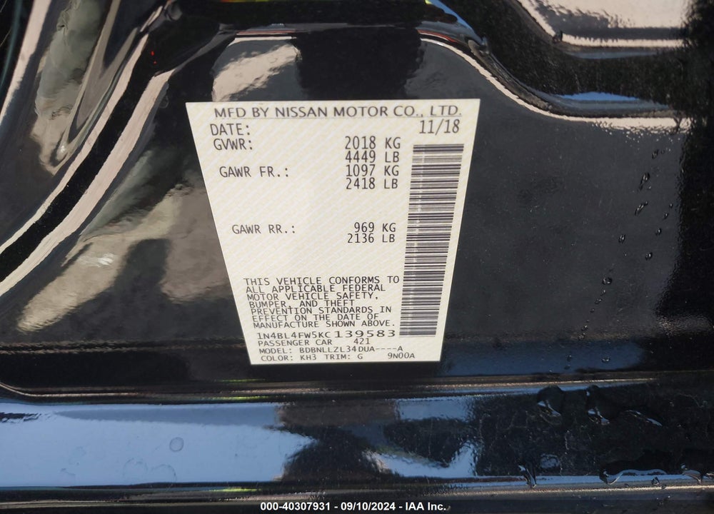 2019 NISSAN ALTIMA 2.5 PLATINUM VIN: 1N4BL4FW5KC139583