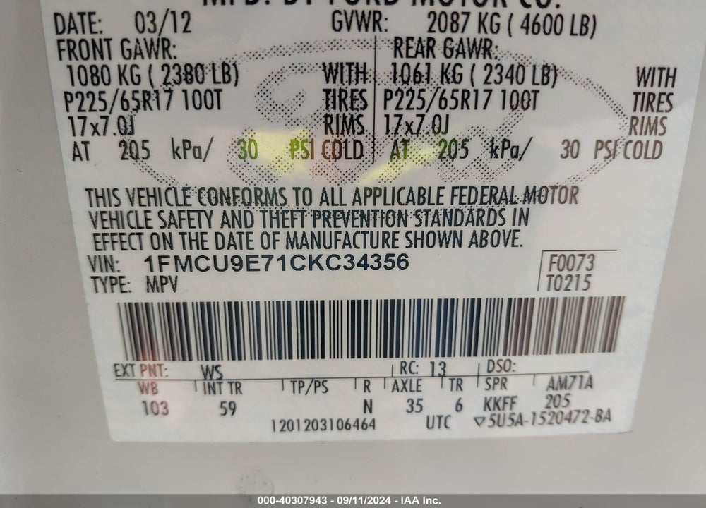 2012 FORD ESCAPE LIMITED VIN: 1FMCU9E71CKC34356