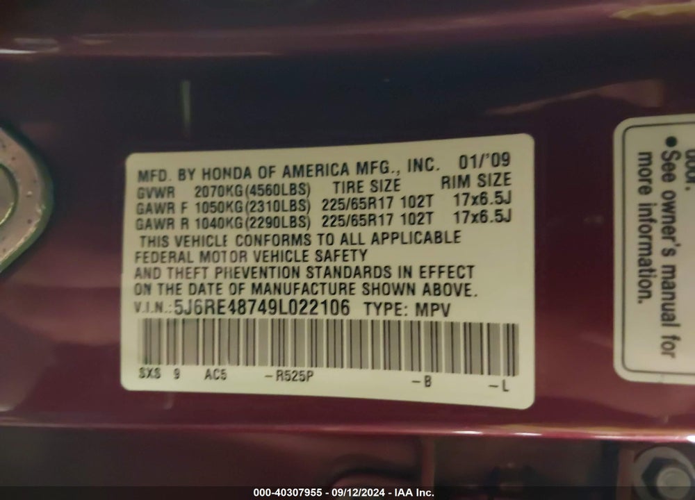 2009 HONDA CR-V EX-L VIN: 5J6RE48749L022106