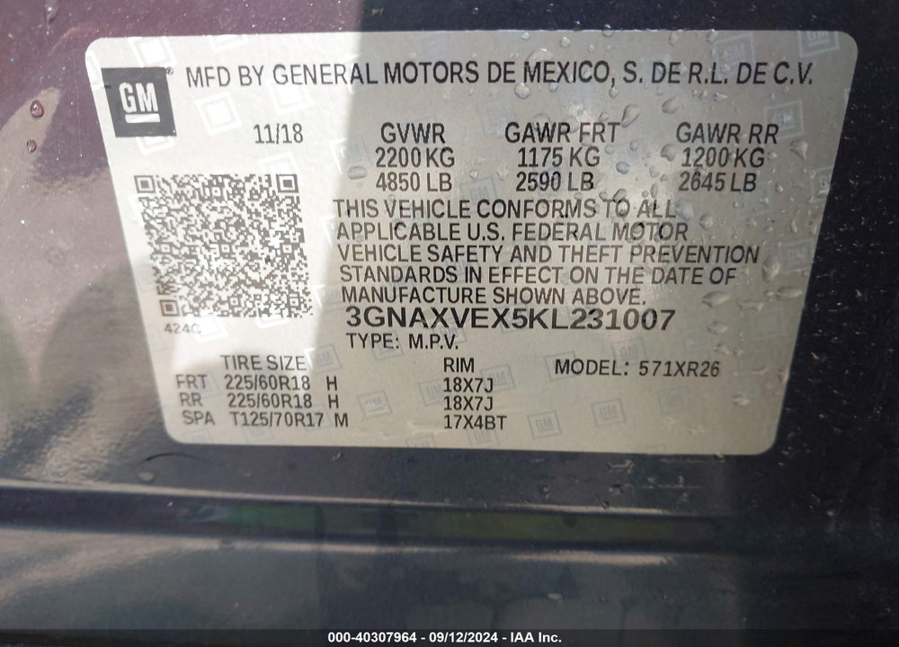 2019 CHEVROLET EQUINOX LT VIN: 3GNAXVEX5KL231007