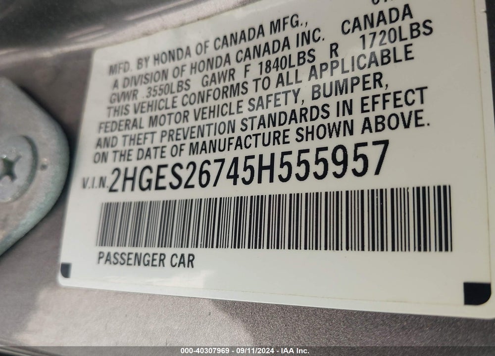 2005 HONDA CIVIC EX VIN: 2HGES26745H555957