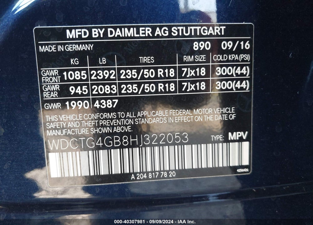 2017 MERCEDES-BENZ GLA 250 4MATIC VIN: WDCTG4GB8HJ322053