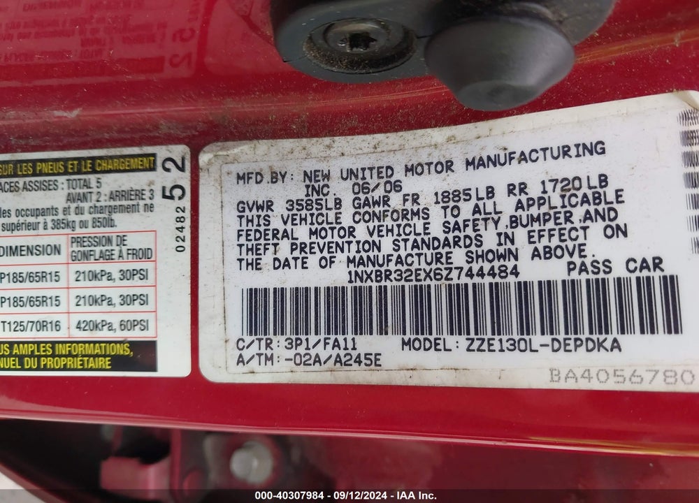 2006 TOYOTA COROLLA CE VIN: 1NXBR32EX6Z744484